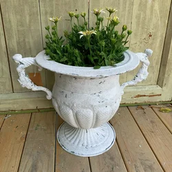 Vintage Metal Urn Planter, Retro Iron White Trophy Flower Pot, Rustic Handmade Pedestal Flowerpot