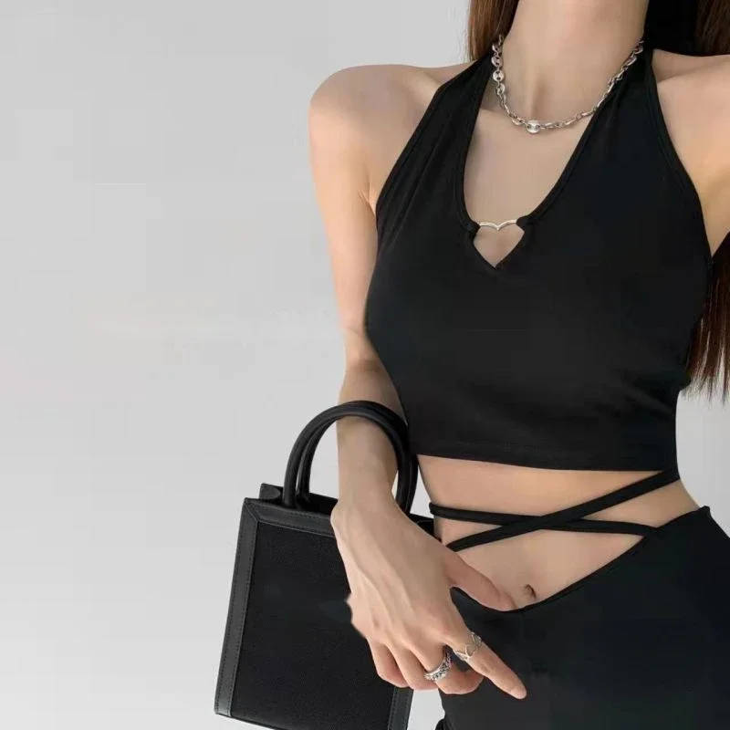 Nice Women V Neck Hearted Hollow Out Halter Camis Tank Tops 2022 Summer Fashion Slim Cropped Lace Up Camisole Y2k Top Clothes