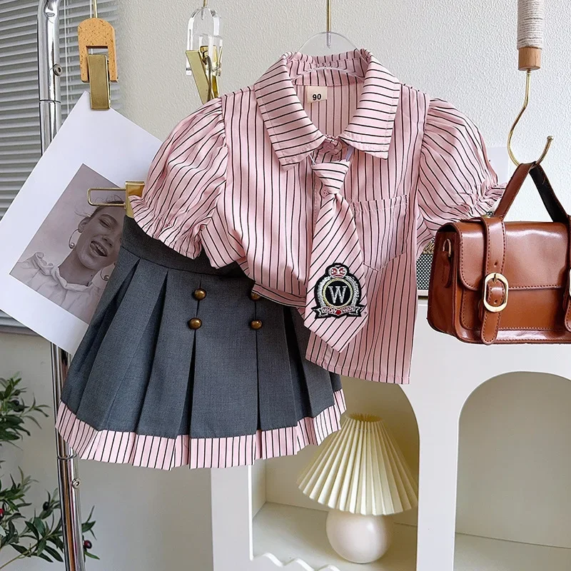 

Girls striped college wind suit summer new short-sleeved shirt pleated skirt two-piece