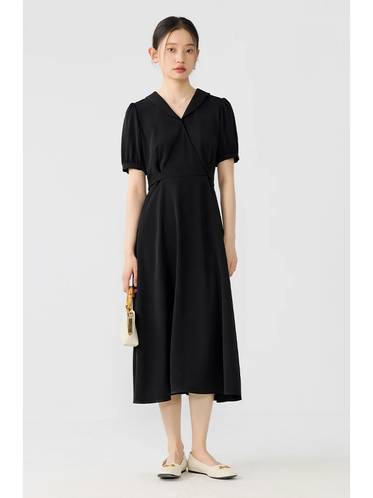 ZIQIAO French Style Green Fruit Collar Versatile Commuter Women Black Long Dress Summer New Petite Girl Female Dress 24ZQ92061