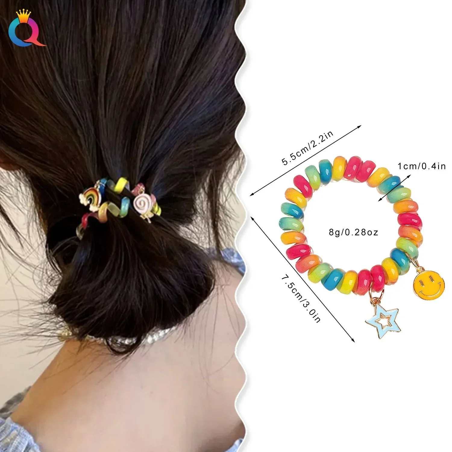 1pc High Elastic Phone Cord Hair Tie Personalized Sweet Rainbow Pendant Women\'s Hair Tie Holiday Party Girls Hair Accessory Gift