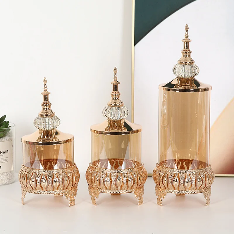 

Golden Glass Candy Jar with Lid Metal Seal Cosmetic Cotton Swab Food Storage Bottle Desktop Craft Decoration Wedding Decoration