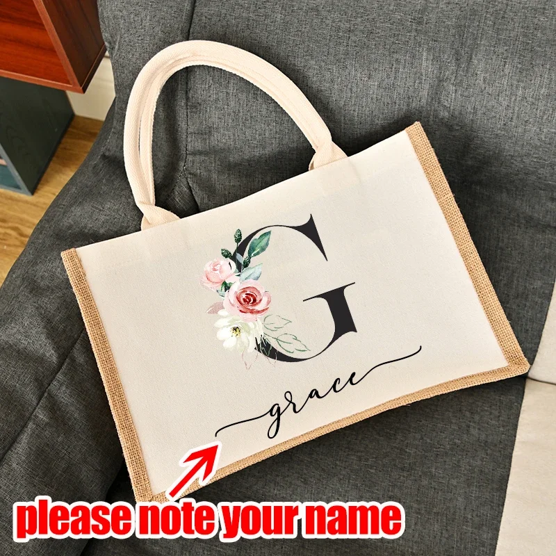 

Custom Name Fashion Burlap Tote Bags Jute Beach Handbag Vintage Reusable Gift Bags with Handle Portable Women Shopping Bag