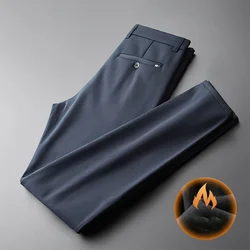 BROWON Brand Pants Men 2026 Winter Fleece Thick Warm Men Casual Pants Solid Color Elastic Business Straight Trouser Men Clothing