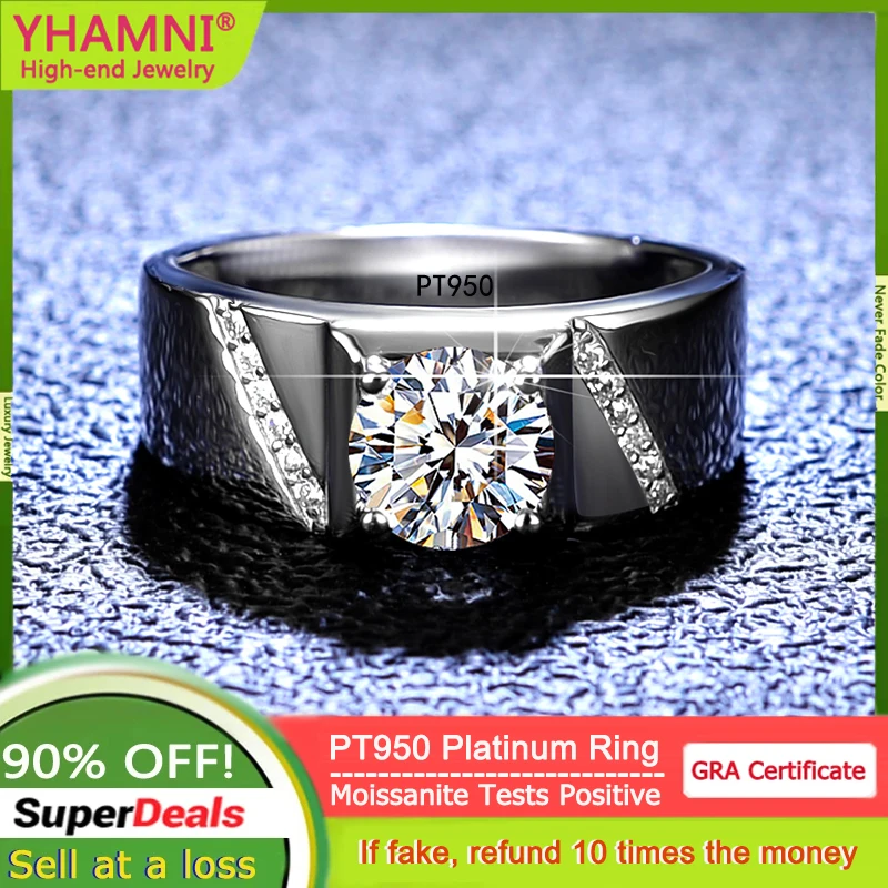 YHAMNI Handsome 1 Carat Moissanite Ring for Men PT950 Platinum Ring Side Stone Inlay Elegant Wedding Fine Jewelry Gift