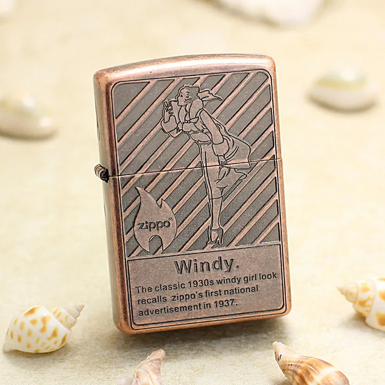 

Genuine Zippo oil lighter copper windproof Girl in the wind cigarette Kerosene lighters Gift with anti-counterfeiting code