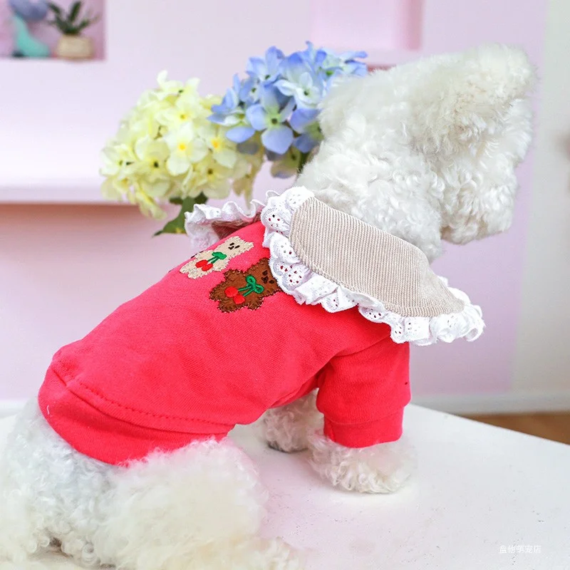 1PC Pet Clothing Cat Dog Spring and Autumn Rose Red Pet Collar Little Bear Cute Coat Suitable for Small and Medium sized Dogs