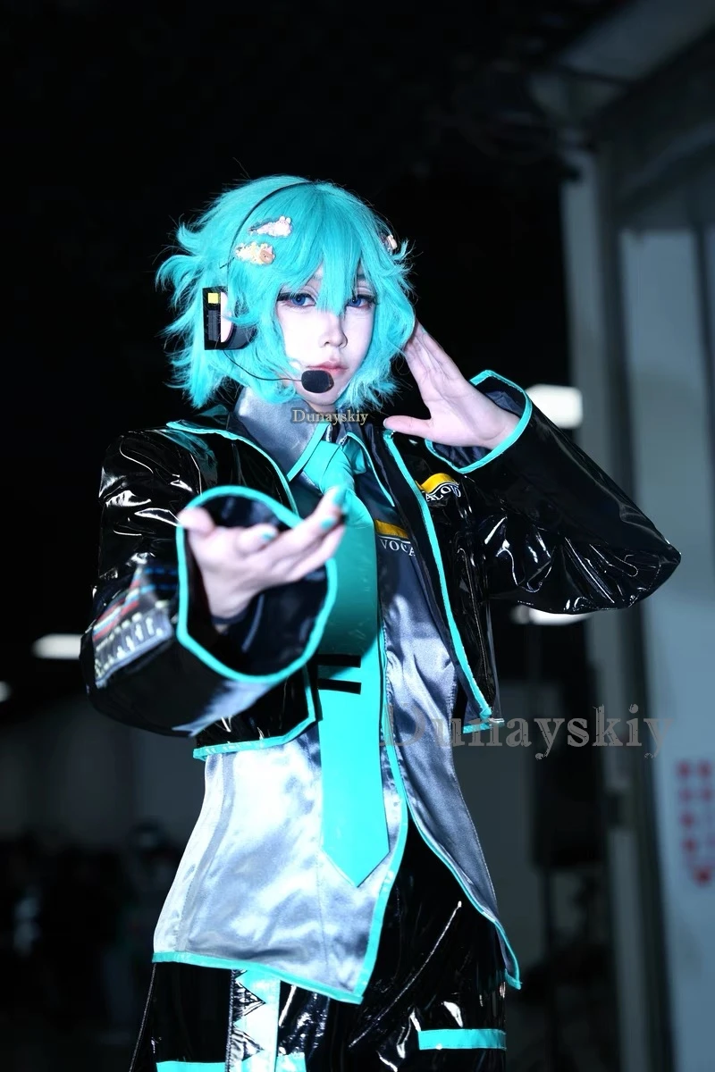 Anime Mikuo Male version Cosplay Costume Green Color Any Size Custom Made Full Set Perfect Custom black jackets with green wigs