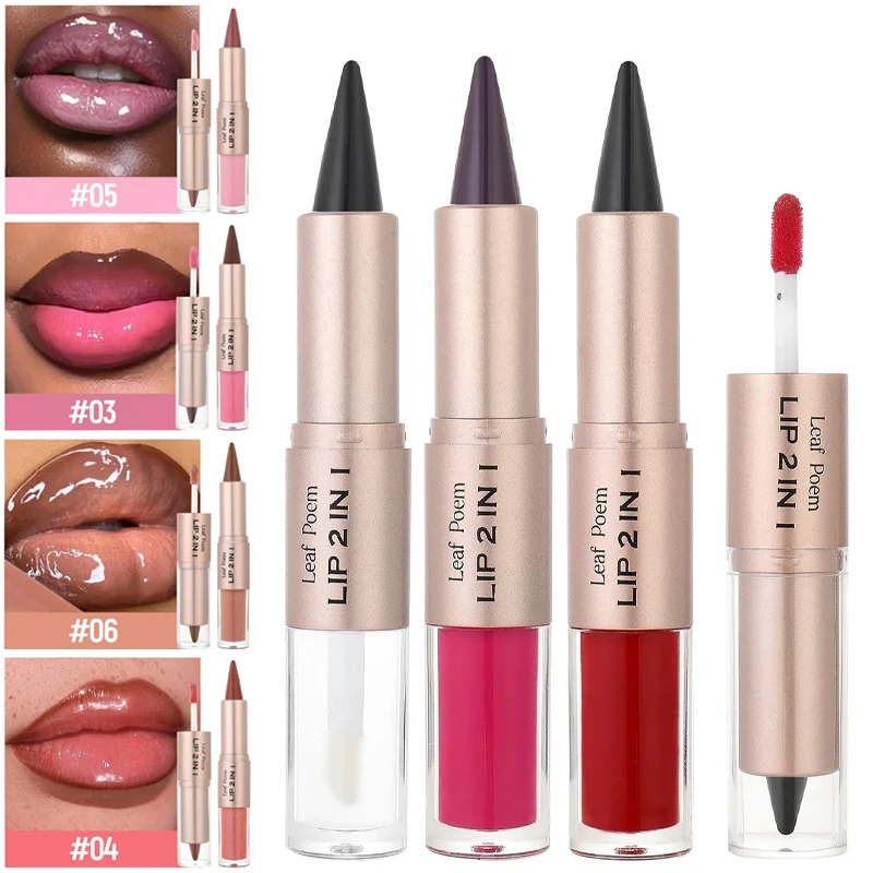 2-in-1 Lipliner & Lipgloss Wasserfester Doppelendiger Matter Konturenstift Kristallspiegel-Lippenglasur Langanhaltend Nicht Klebend Lippen-Make-up
