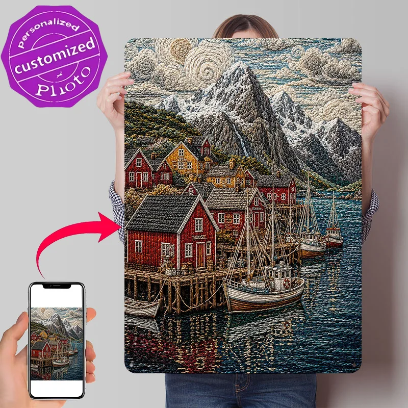 Embroided Norwegian Fishing Village Personalized 3D Textured Metal Poster Wall Art Tinplate Sign for Home Decor Accessories Bar