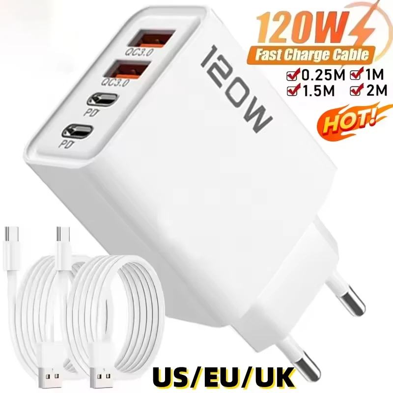 

New 120W 4 Port USB Type C Charger Fast Charging Data Cable USB Phone Charger Adapter For Samsung iPhone Huawei Wall Charger