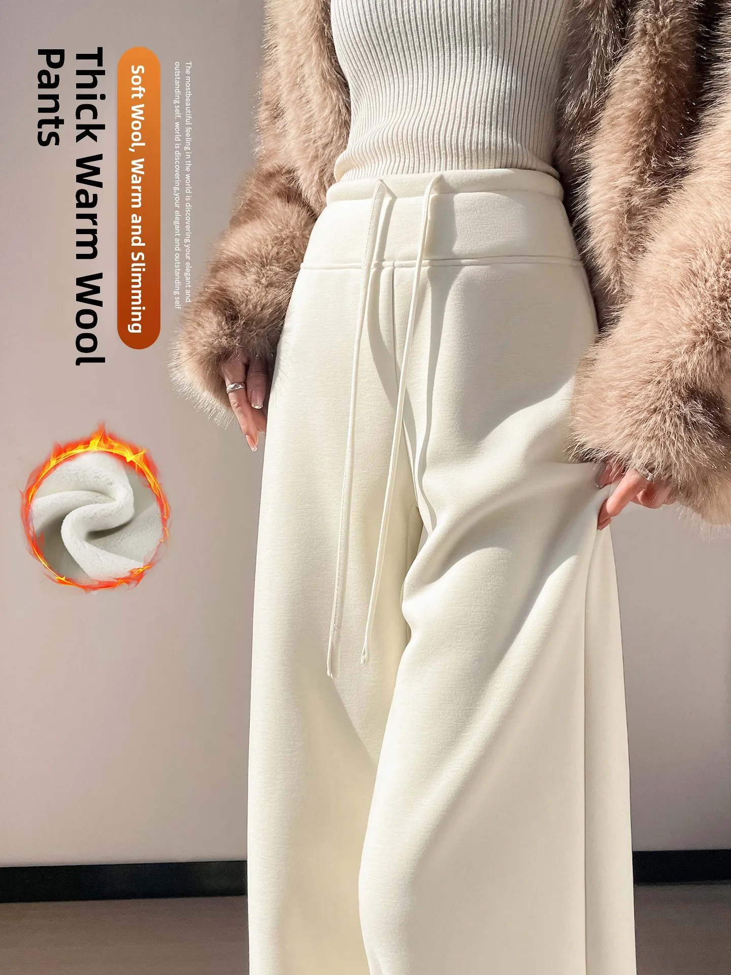 

High Waist Fce Lined Wool Wide Leg Pants Women's Yoga Pants Slim Fit Straight Cut Soft Drapey Casual Trousers Autumn Winter