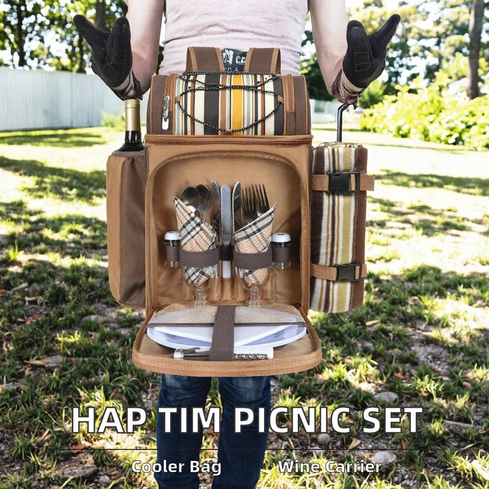 Picnic Basket Backpack 2 Insulated Cooler Compartments Wine Holder Fleece Blanket Cutlery Set-Polyester Camping Hiking