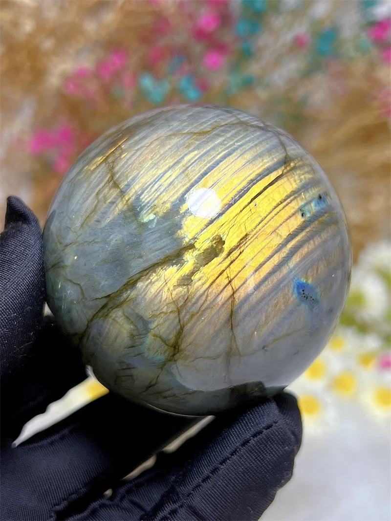 Natura Crystal Yellow Labradorite SPhere With Rain Bow Free Form  Carving Reiki Healing Stone Home Decoration Exquisite Gift