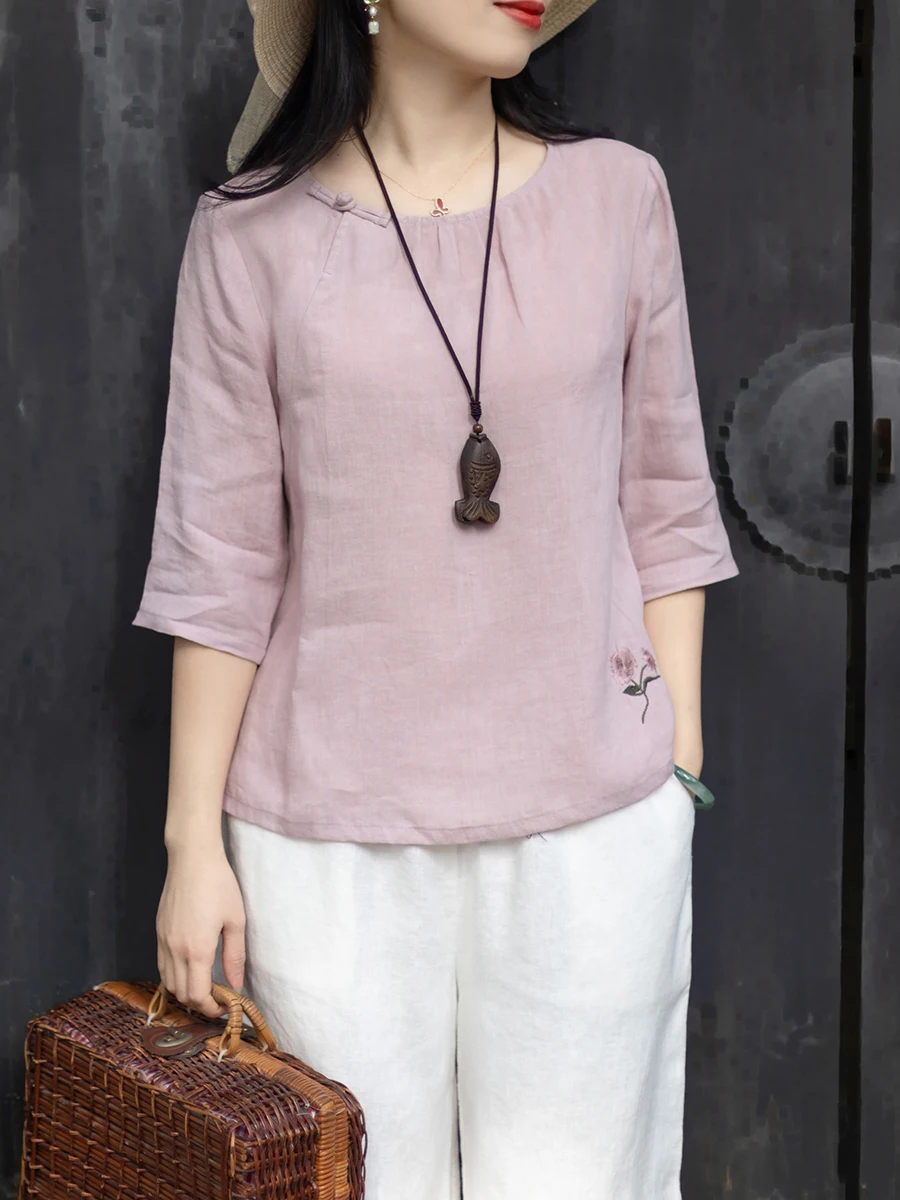 

Nian Jiangnan Linen Shirt Women's round Neck Embroidered Loose Slimming Top Casual Style Comfortable Breathable Antibacterial