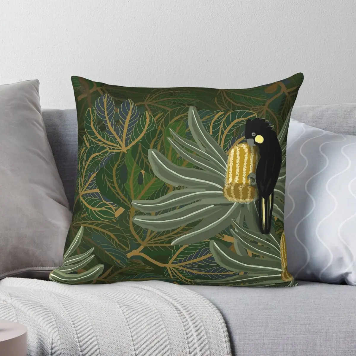 Golden Banksias Black Cockatoo Pillowcase Polyester Linen Velvet Pattern Zip Decorative Pillow Case Sofa Seater Cushion Cover