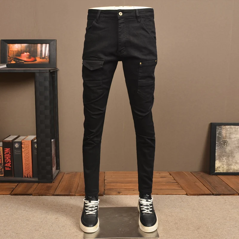 Jean skinny noir pour homme, pantalon en denim épissé, coupe crayon, mode de rue, créateur de motard, Hip Hop patché, zones bre