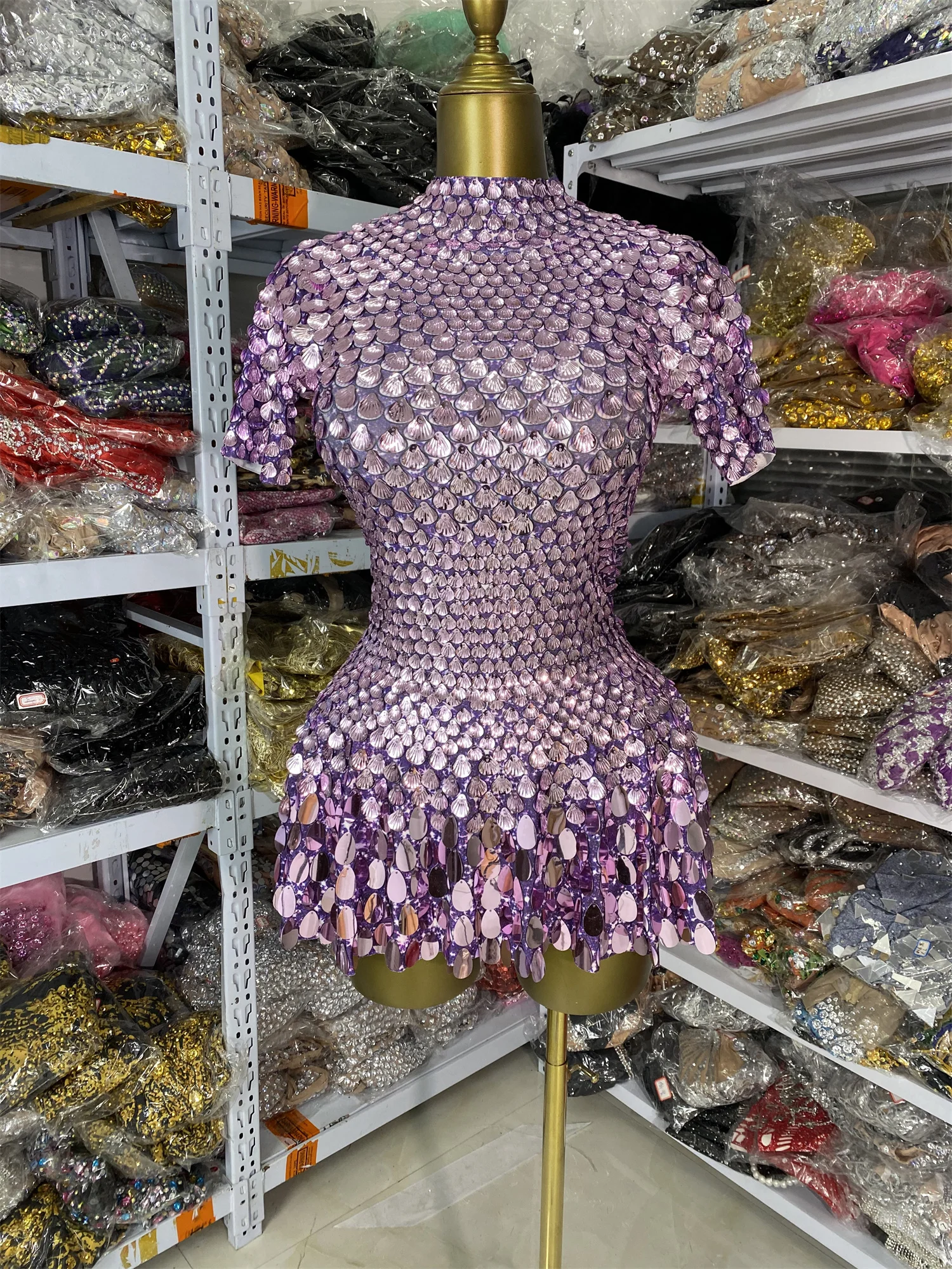 

Women Luxury Purple Sparky Sequines Short Sleeve Mini Bodysuit One Piece Dress High Street Evening Club Party Dresses Dancer