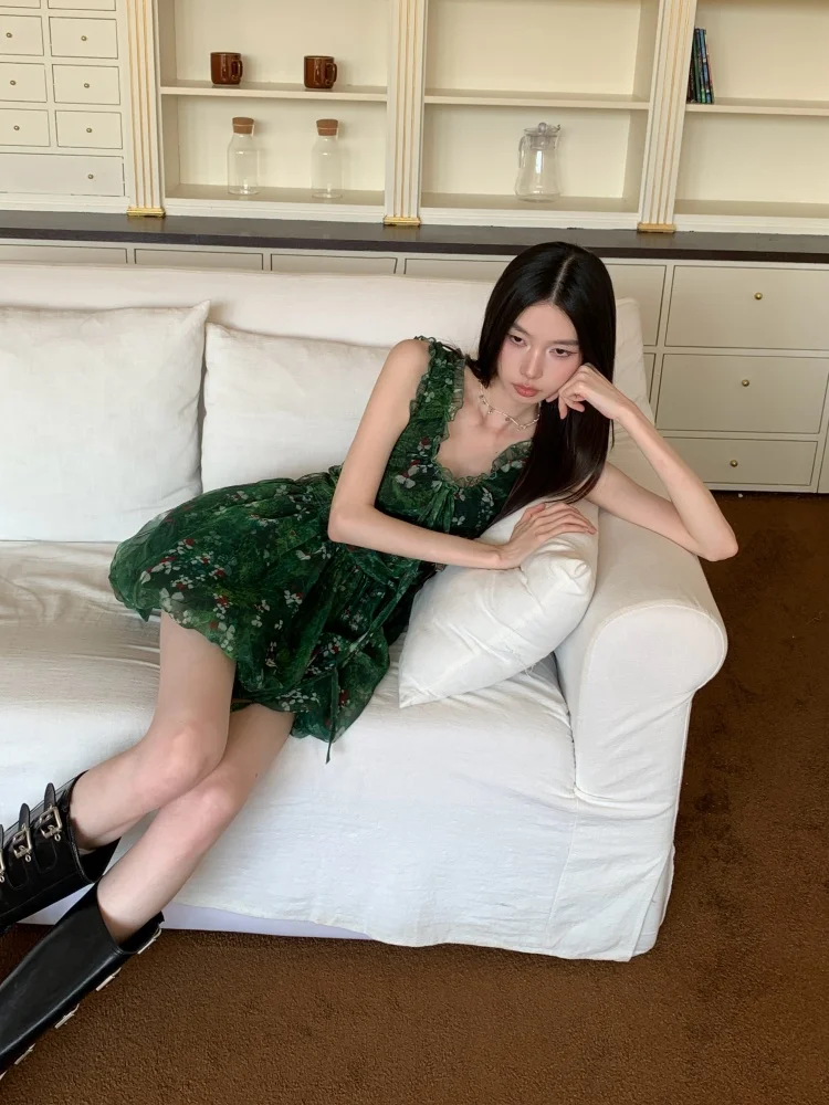 Cheerart チュールグリーン花柄フリルショートドレス 2025 女性ノースリーブボールガウンシフォンミニ誕生日ドレス高級夏