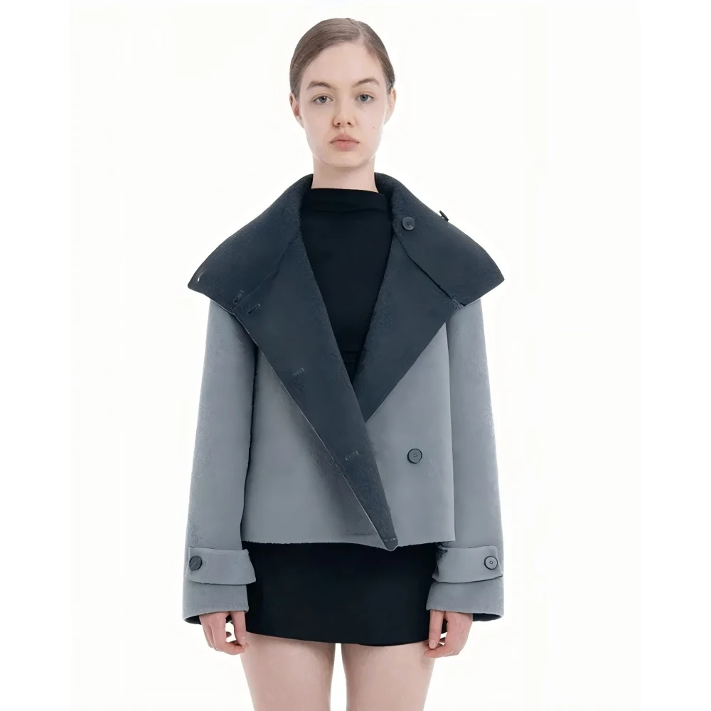 Vintage Women Cropped Wool Coat Gray Color‑Block Lapel Collar Button Jacket Loose Fit Warm Outerwear For Fall Winter Casual