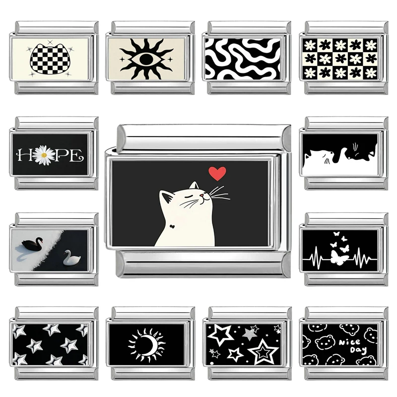 Y2k coração gato lua sol estrela flor borboleta preto italiano charme links caber 9mm pulseira de aço inoxidável diy fazendo jóias presentes