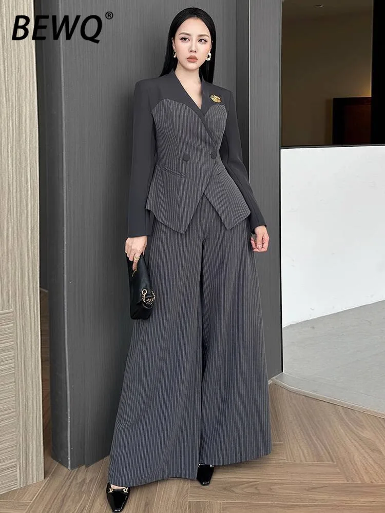 BEWQ moda mujer 2 uds conjunto con cuello en V manga larga Patchwork raya cintura Blazer pantalones sueltos traje de oficina para mujer 2025 otoño nuevo