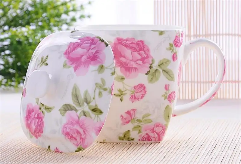 500ML Fine Bone China Coffee Mug, Flower Design, Ceramic Water Cup, Taza Tea Cup Tumbler, Cofee