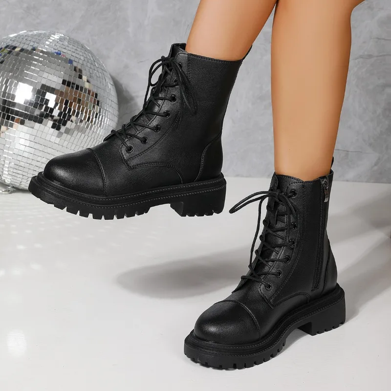 

Женские модные ботинки с круглой головкой и боковой молнией с перекрестными ремешками, короткие сапоги для женщин, осенняя уличная повседневная женская обувь для пригородных поездок