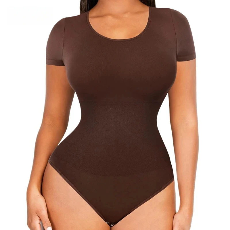 Plus size seamless tummy tucker bodysuit slimming booty lifting shapewear for women short-sleeved waist trainer panties