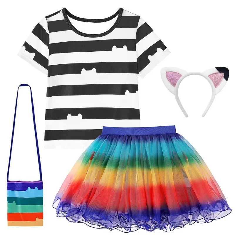 2024 Summer Girls Gabby Dollhouse Cosplay Costume Rainbow T-Shirt + Tutu Skirt +Bag Set For Kids Carnival Birthday Party Clothes