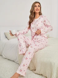 Women's pajamas set flower print long sleeve top and trousers comfortable two piece casual home wear