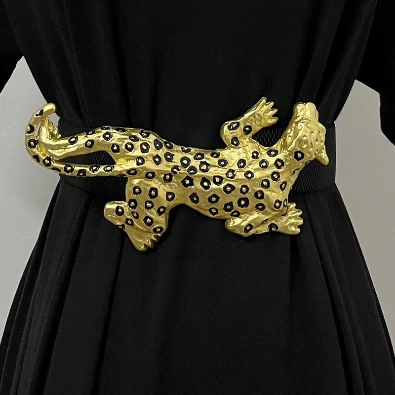 

Женская мода в стиле ретро, натуральная кожа, пятнистый леопардовый принт, широкий пояс, женское платье, универсальный эластичный пояс