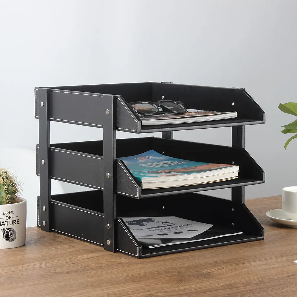 3-layer A4 detachable office wooden leather document magazine rack tray filing file organizer holder paper storage box wood 211B