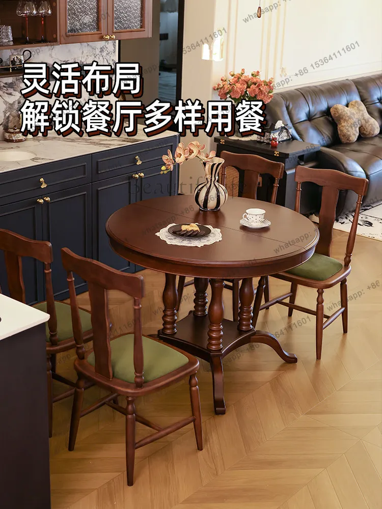 American retro cherry wood solid wood retractable dining table household French foldable round eating table