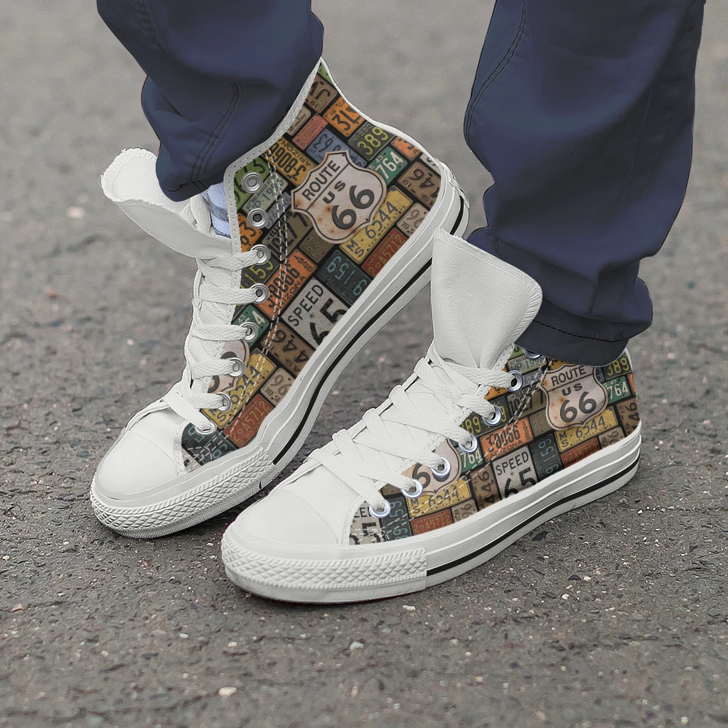 Classic US Route 66 High Top Canvas Shoes Men Breathable Outdoors Walking Sneakers Wild Printing Graffiti Shoes