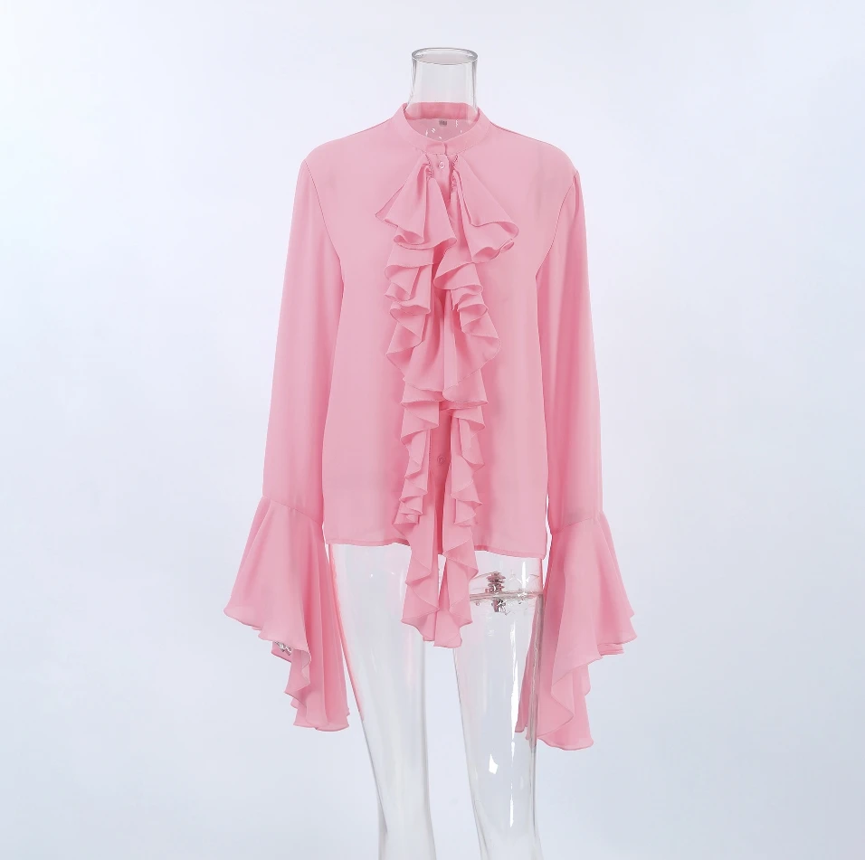 Fashion Woman Blouse 2024 Spring Ruffle Design Round Neck Flared Sleeves Solid Color Casual Long Sleeves Daily Chiffon Shirt