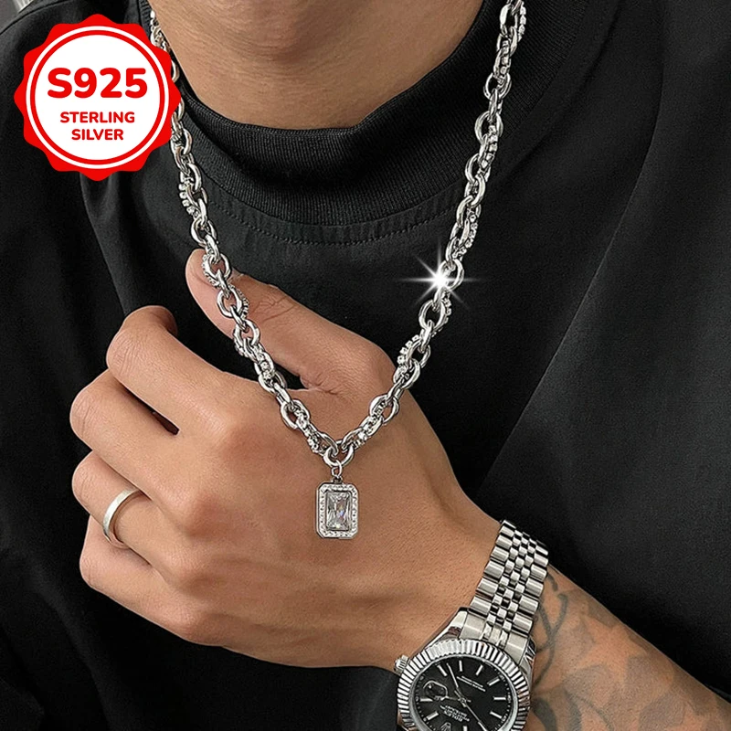 

925 sterling silver square zircon chain wound men's necklace, men's fashionable jewelry gift, suitable for daily party occasions