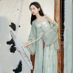 Women Spring Summer Hanfu Suit Chinese Traditional Improved Hanfu Wear Sun-proof Chiffon Blouse Straps Dress Two-piece Set