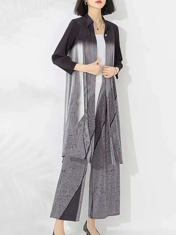 Miyake Contrast Color Print Pleated 2 Piece Set Women Mid Length Loose Tops Wide Leg Trousers Casual 2025 Spring New