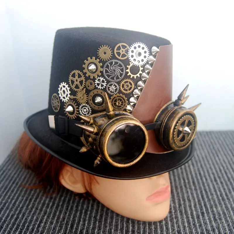 

Gear Punk Hat Spike Glasses Magician Cap Patchwork Leather Spring Vintage