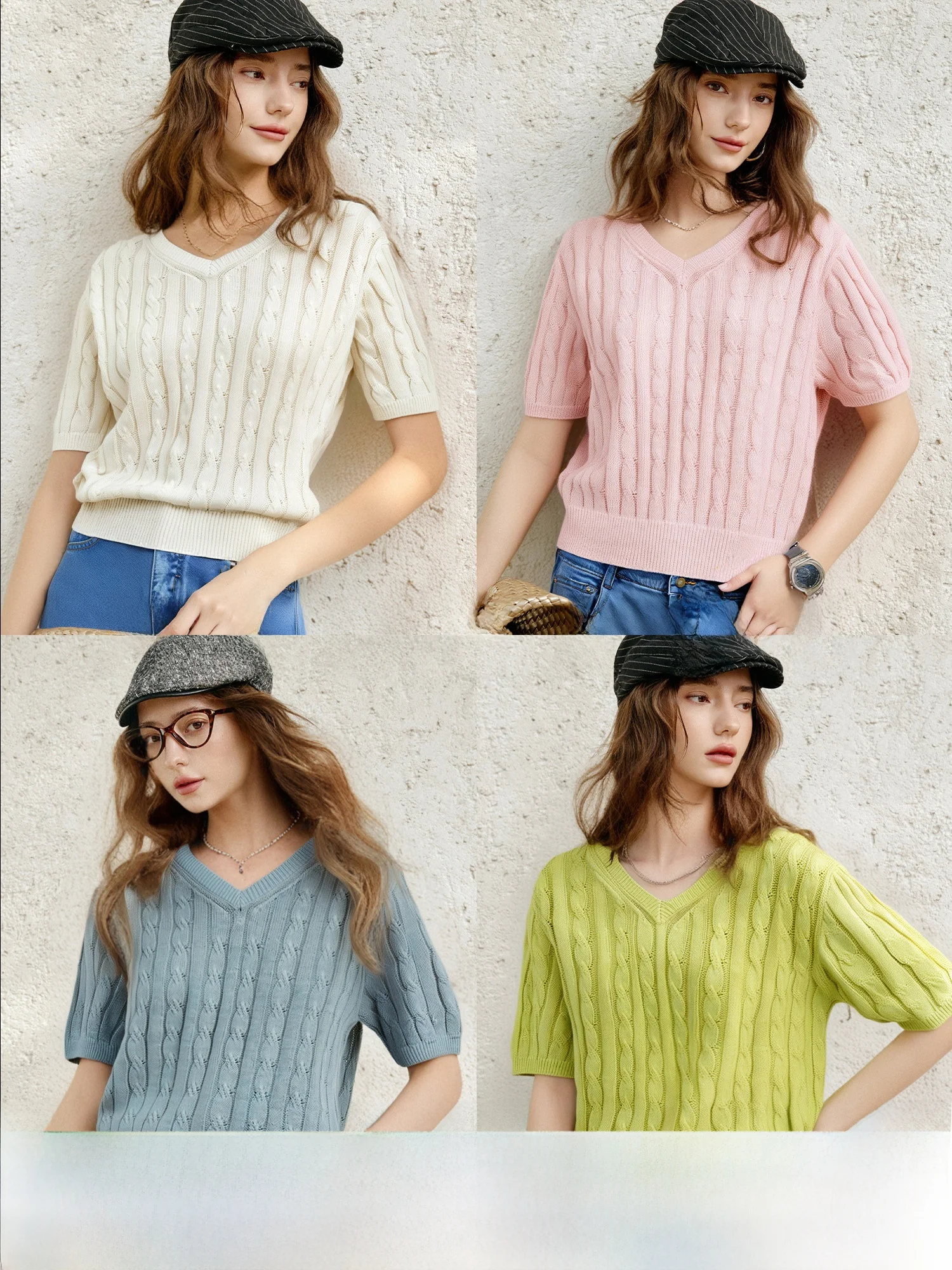 

Женский вязаный свитер Florida Pumpkin Valley с V-образным вырезом и коротким рукавом из 76-ниточного бумажного шелка, новинка 2025 года, простой повседневный стиль