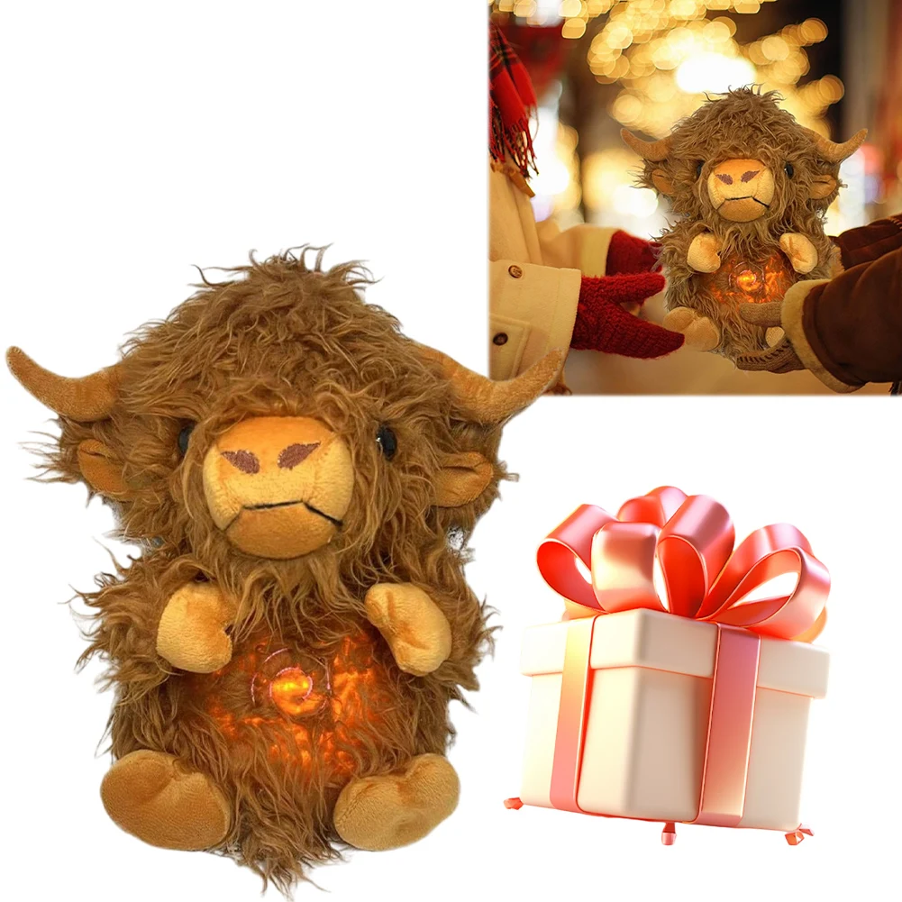 Baby Rhythmic Sleeping Toy with Breathing Movement & Sound Soft Lighted Highland Cattle Toy Highland Cow Stuffed Toy for Bedtime