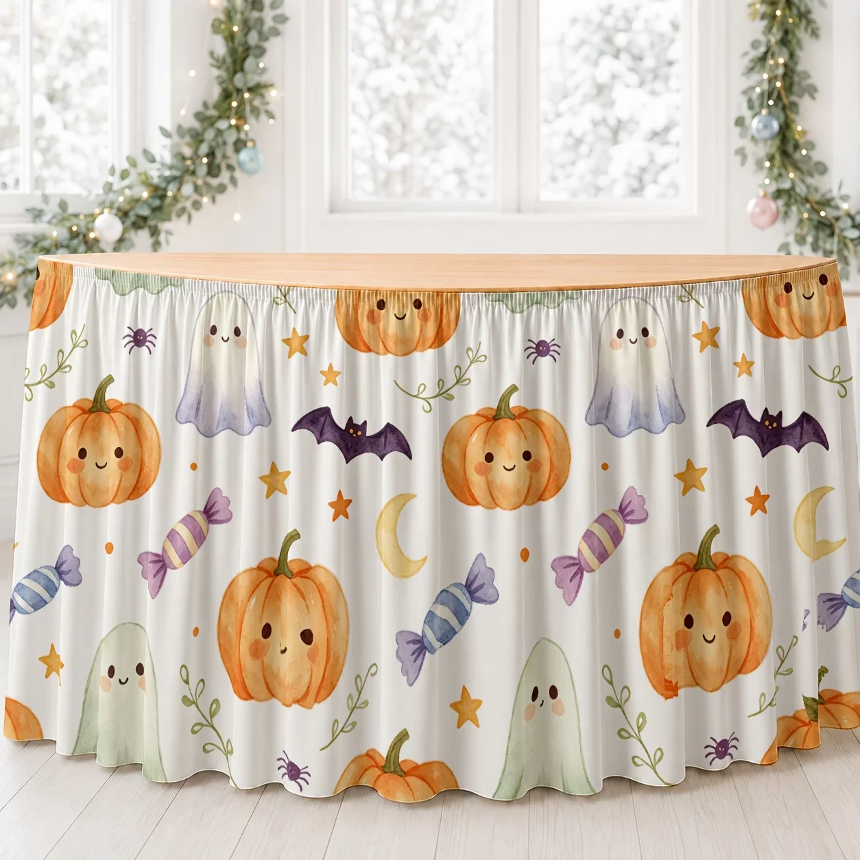 Halloween party table skirt with pumpkin bat and skull pattern. Suitable for autumn holiday celebrations. 1-piece set.xzj