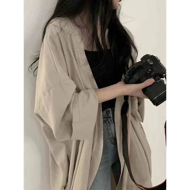 2023 Summer Pure Cotton Oversize Square Neck Long Sleeve Cardigan Tops Korean Style Midi Sunscreen Clothing Women Loose Coat