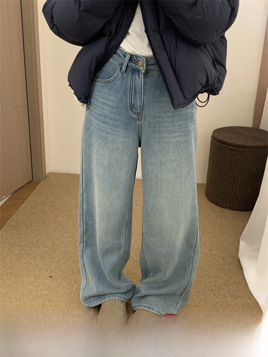 

Прямые джинсы для похудения на подкладке, женские осенне-зимние новые широкие брюки с широкими штанинами, хлопковая джинсовая ткань с талией