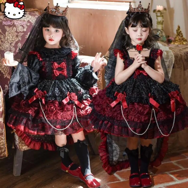 

Kawaii Dark Night Rose Girl Anime Halloween Lolita Princess Dress Cartoon Four Seasons Christma Dress Children's New Puffy Skirt