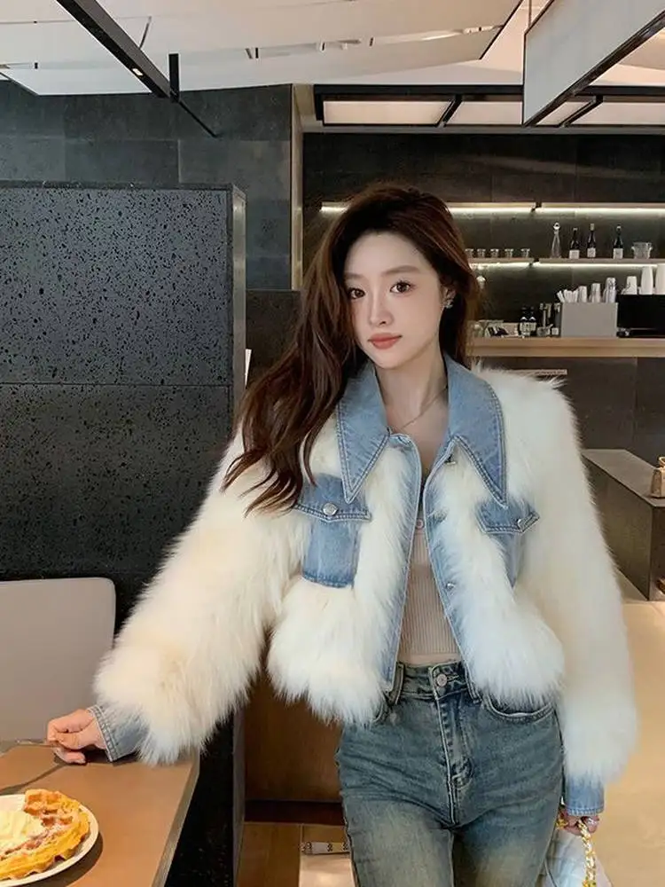 Fashionable Thickened Short Fur Jacket Women's Denim Patchwork Plush High Waist Winter Coat Youth Casual Long Sleeve Zipper