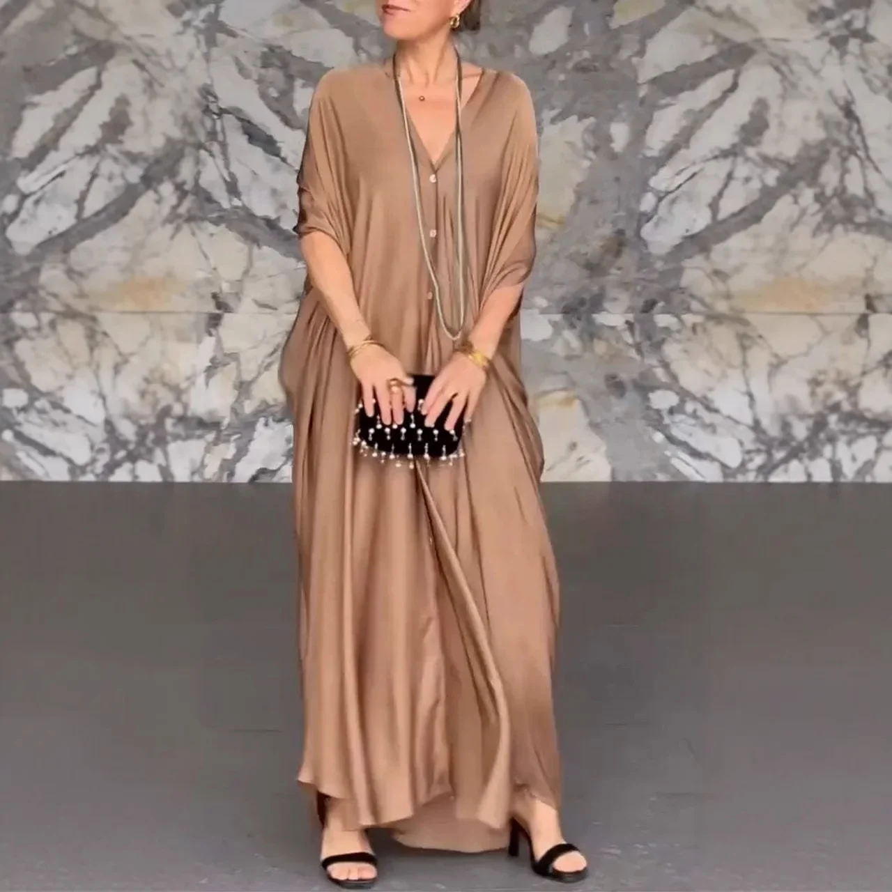 فستان ماكسي كاجوال بصدر واحد للنساء، فساتين نسائية طويلة فضفاضة برقبة على شكل حرف V وأكمام تشبه جناح الخفّاش #3