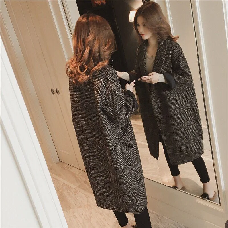 Japanese-style wool coat, women's medium-length thickened trench coat, loose-fitting large-size Korean-style plaid wool blazer f