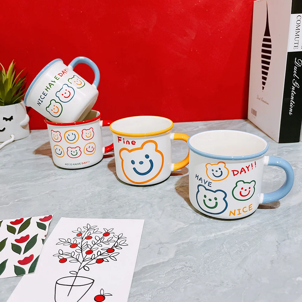 

Korean Style Stick Figure Mug Cute Cartoon Bear Pattern Ceramic Cup Breakfast Milk Oatmeal Cup Children's Drinking Cup Mug